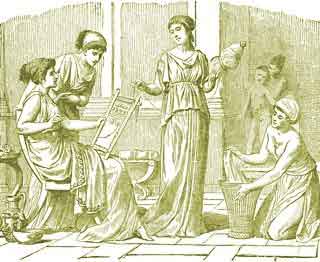 Dibujo coloreado de una escena familiar de la grecia antigua